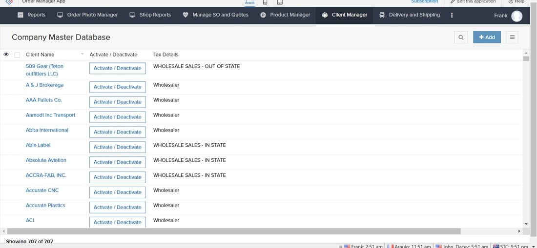 Order Manager company master database